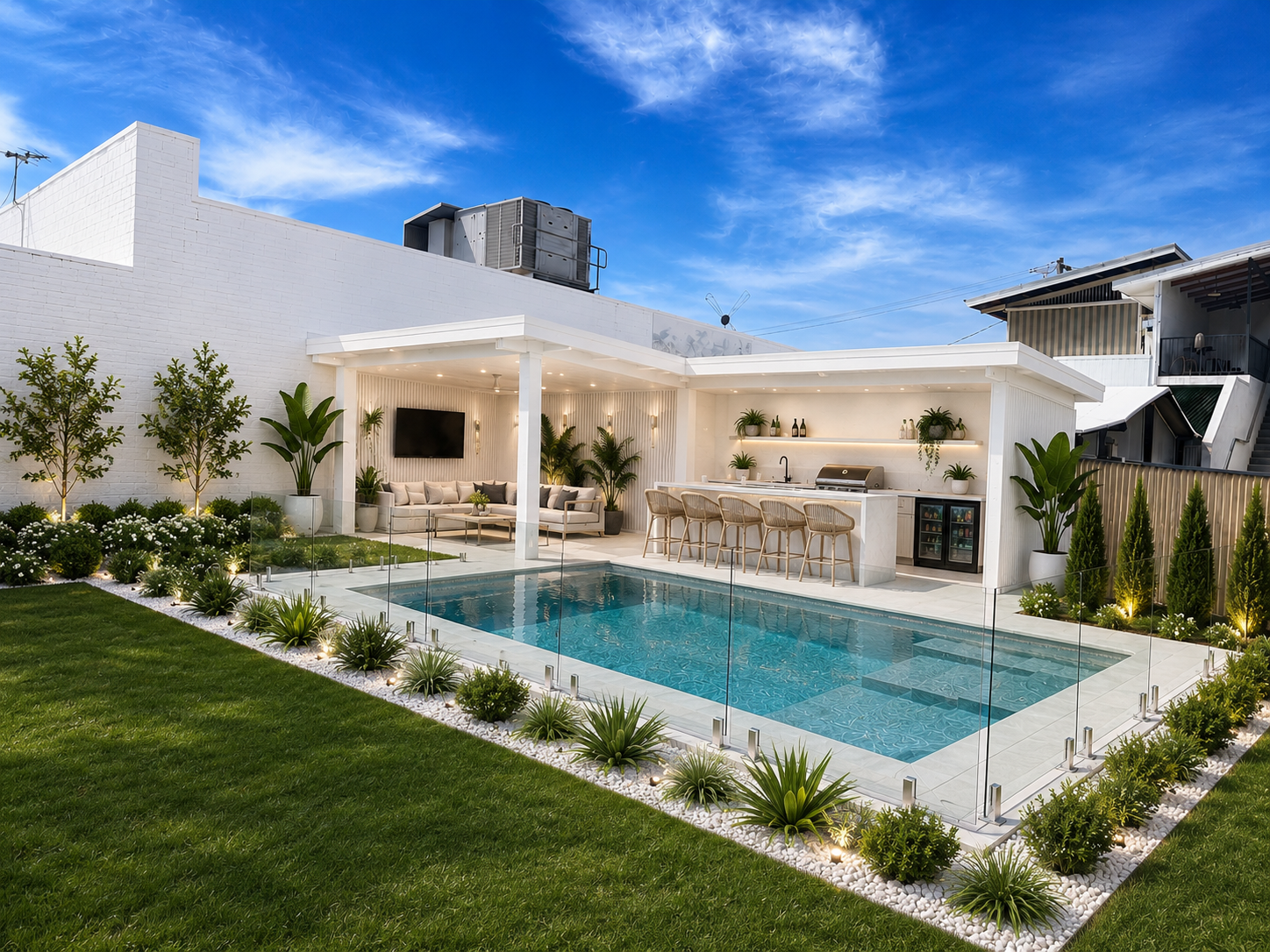 Pool courtyard and outdoor seating at Sovereign Pod House