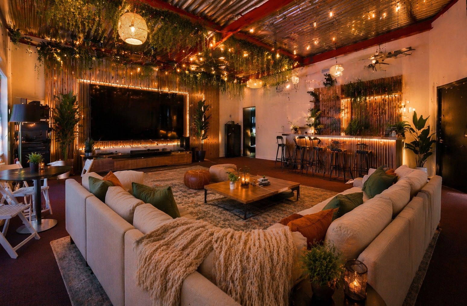 Warm lounge and shared social area inside the hostel