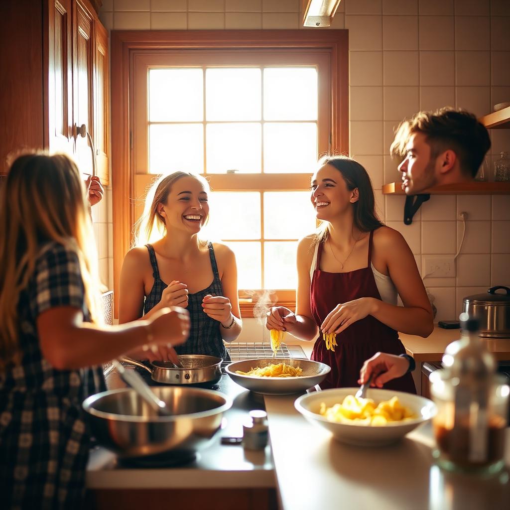 Friends cooking together in the shared kitchen